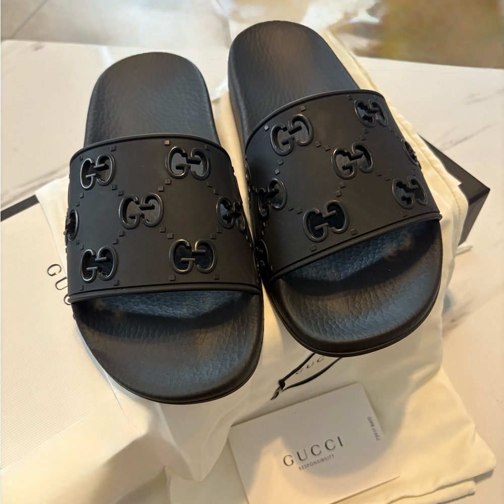 Gucci Black Embossed Slide Sandals